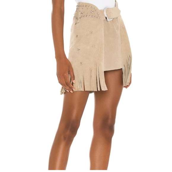 Understated Leather Dresses & Skirts - Women’s Understated Leather Revolve Star Suede Fringe Chap Skirt Tan, M